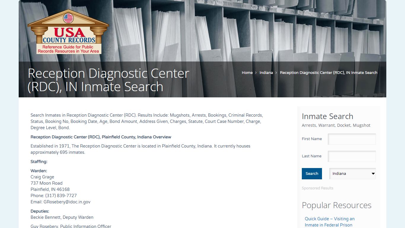 Reception Diagnostic Center (RDC), IN Inmate Search