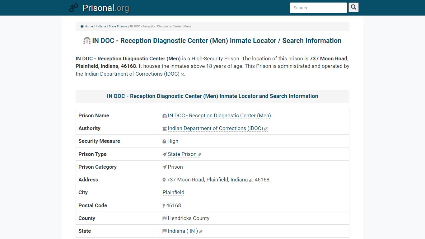 IN DOC - Reception Diagnostic Center (Men)-Inmate Locator ...
